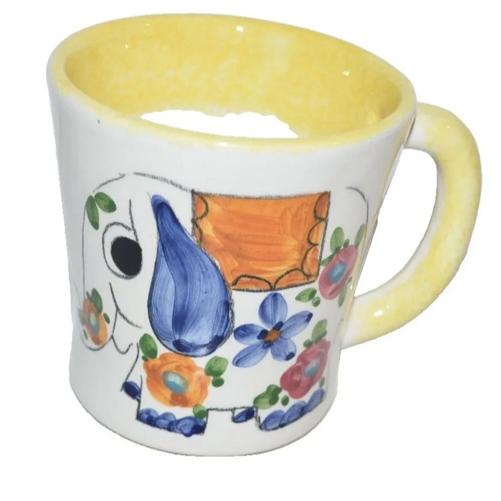 Vtg Elephant Mug Coffee Cup Floral Italy‎ Hand Painted Unique design